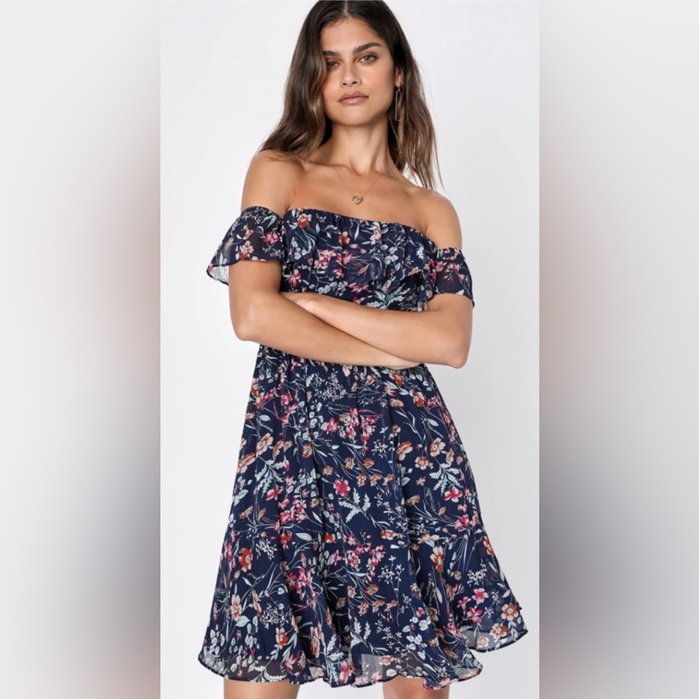 Lulus My Favorite Off the Shoulder Dress SMALL Navy Blue Floral Print